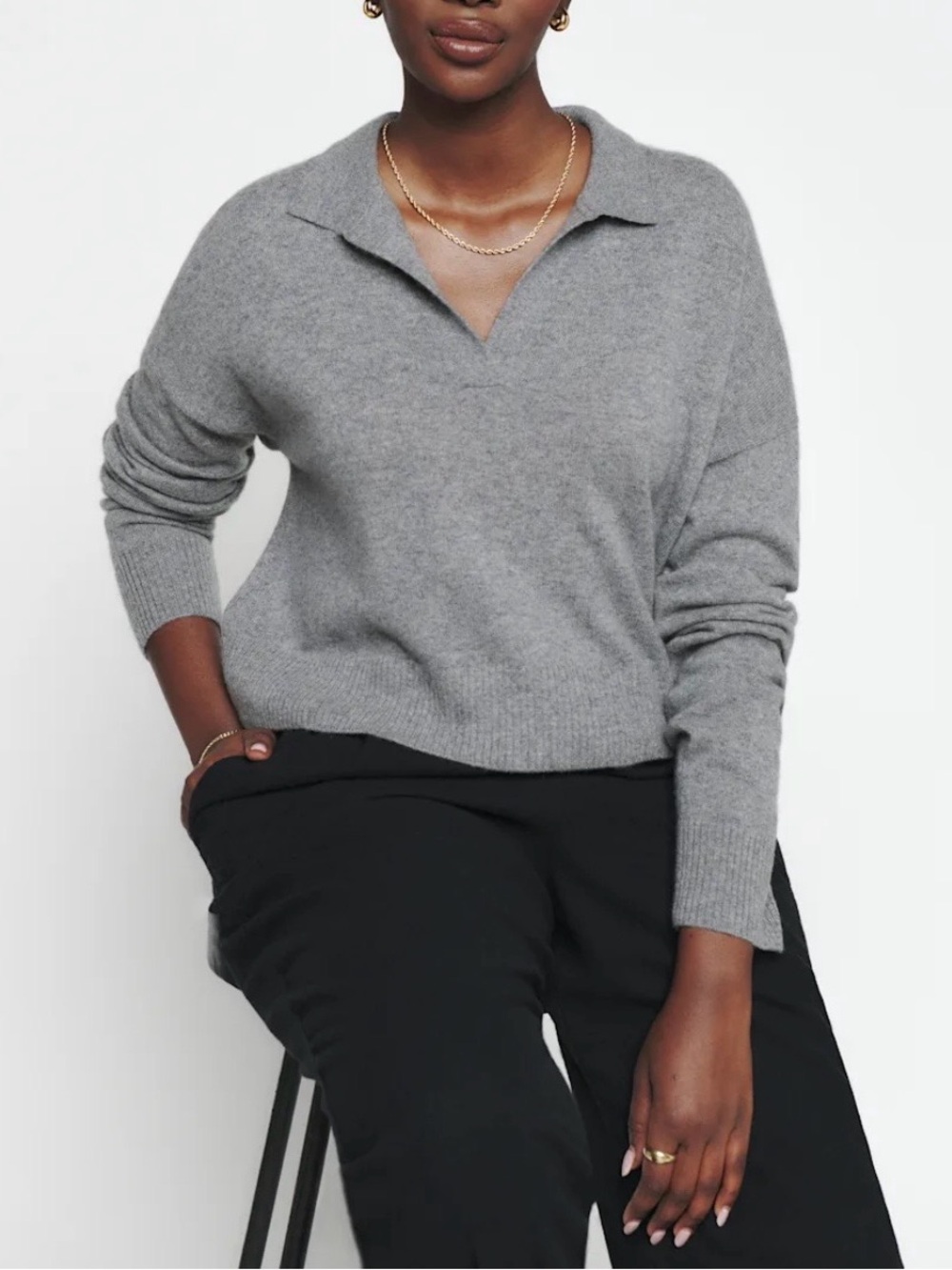 Reformation Grey Cropped Cashmere Polo Sweater Size XS